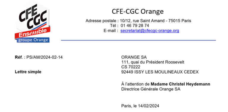 en-tête de courrier CFE-CGC ORANGE